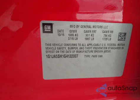 2016 Chevrolet Sonic Ls Auto from USA, damaged, VIN 1G1JA5SH1G4122007